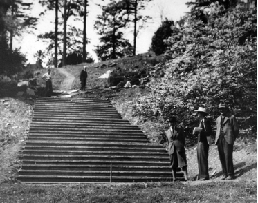 Construction of Percy Cane’s steps. L-R: Percy Cane, Dorothy Elmhirst, Johnny Johnson