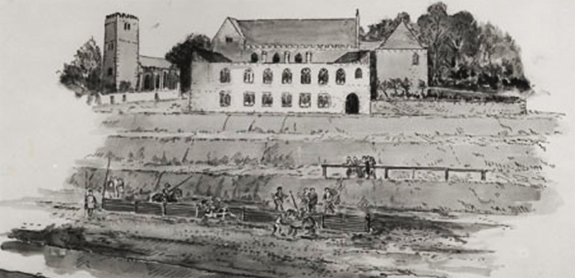 an artist’s impression (made in 1957) of the Tiltyard in the 1300s, as a jousting area with terraces going up to the Hall