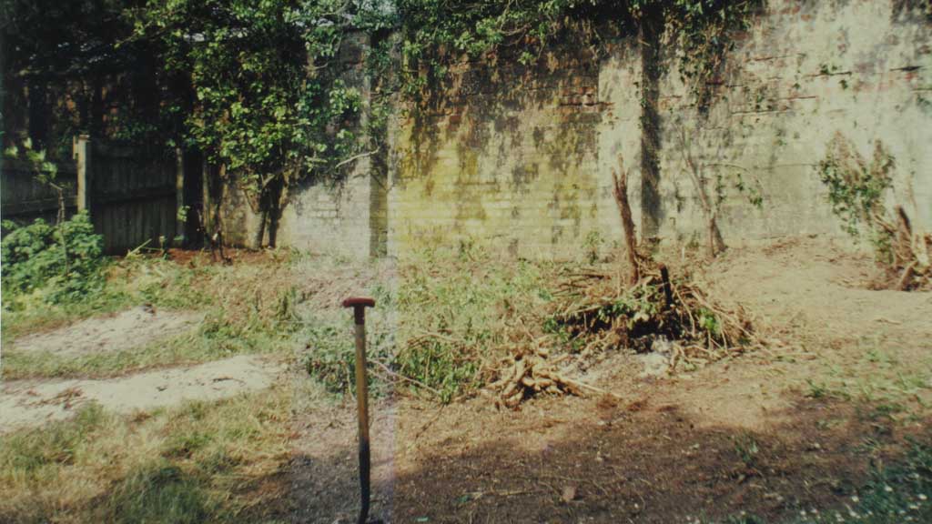 'before' and 'after' images of Mary's walled garden