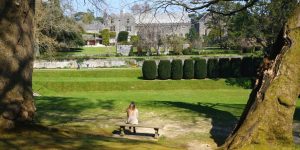 Woman on bench overlooking the Tiltyard at Dartington Hall