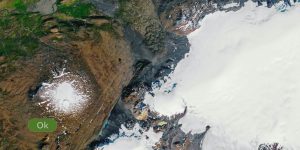 NASA imagery of Langjökull, one of Iceland’s four major ice caps, on the right and Ok on the left