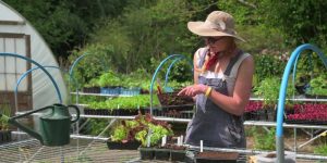 Amy outside the potting shed at Schumacher College